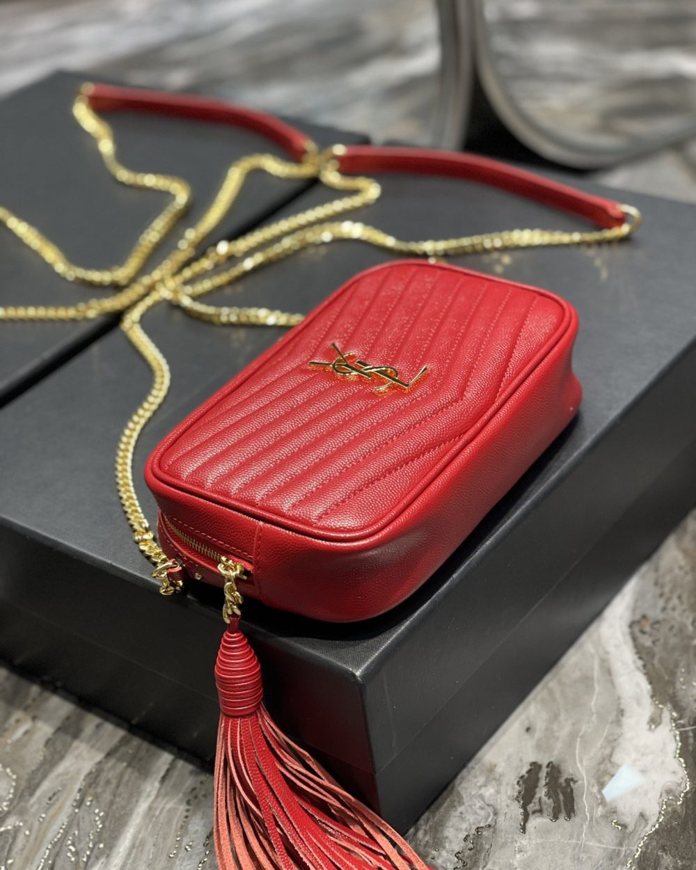 [REP 1:1] Saint Laurent Lou Mini Bag Red In Quilted Grain De Poudre With Gold Hardware For Women 7.4in/19cm YSl 6125791GF076008