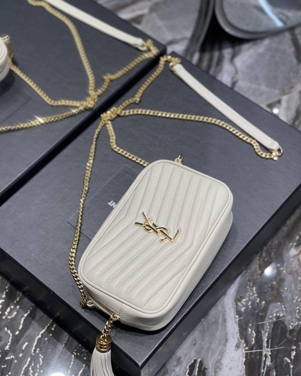 [REP 1:1] Saint Laurent Lou Mini Bag White In Quilted Grain De Poudre With Gold Hardware For Women 7.4in/19cm YSl 6125791GF019207