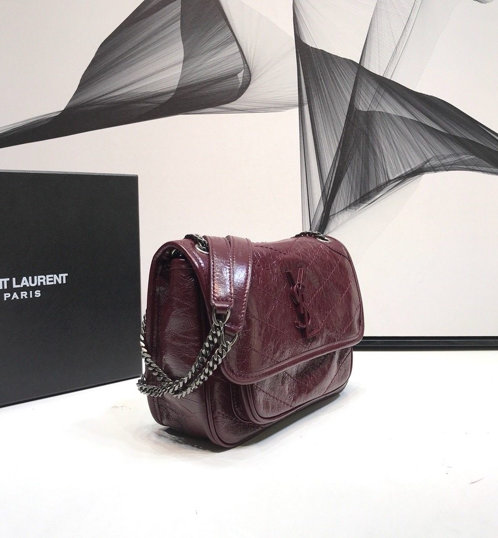 [REP 1:1] Saint Laurent Niki Baby Chain Bag In Crinkled Vintage  Burgundy For Women 8.2in/21cm YSL 6331600EN046475