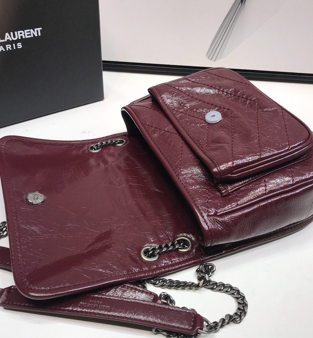 [REP 1:1] Saint Laurent Niki Baby Chain Bag In Crinkled Vintage  Burgundy For Women 8.2in/21cm YSL 6331600EN046475