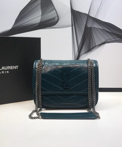 [REP 1:1] Saint Laurent Niki Baby Chain Bag In Crinkled Vintage Dark Green For Women 8.2in/21cm YSL