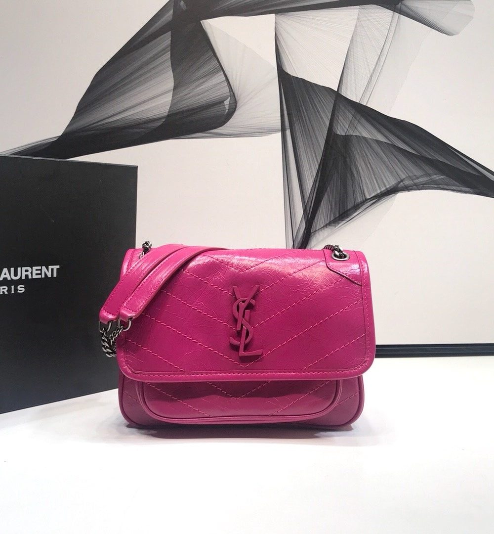 [REP 1:1] Saint Laurent Niki Baby Chain Bag In Crinkled Vintage Dark Pink For Women 8.2in/21cm YSL