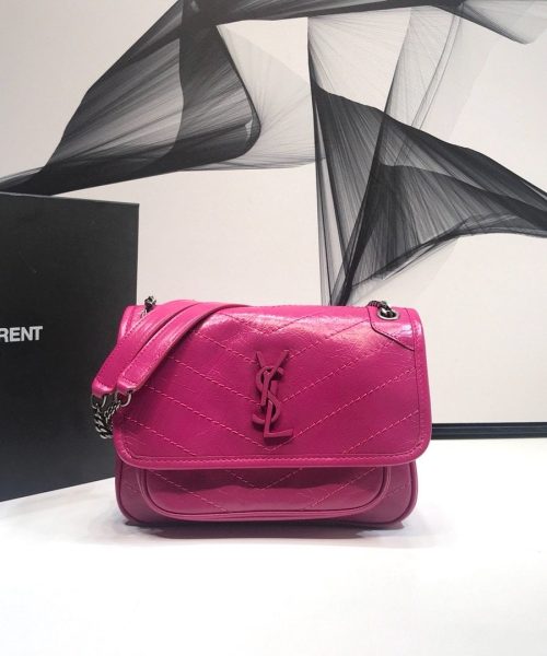 [REP 1:1] Saint Laurent Niki Baby Chain Bag In Crinkled Vintage Dark Pink For Women 8.2in/21cm YSL