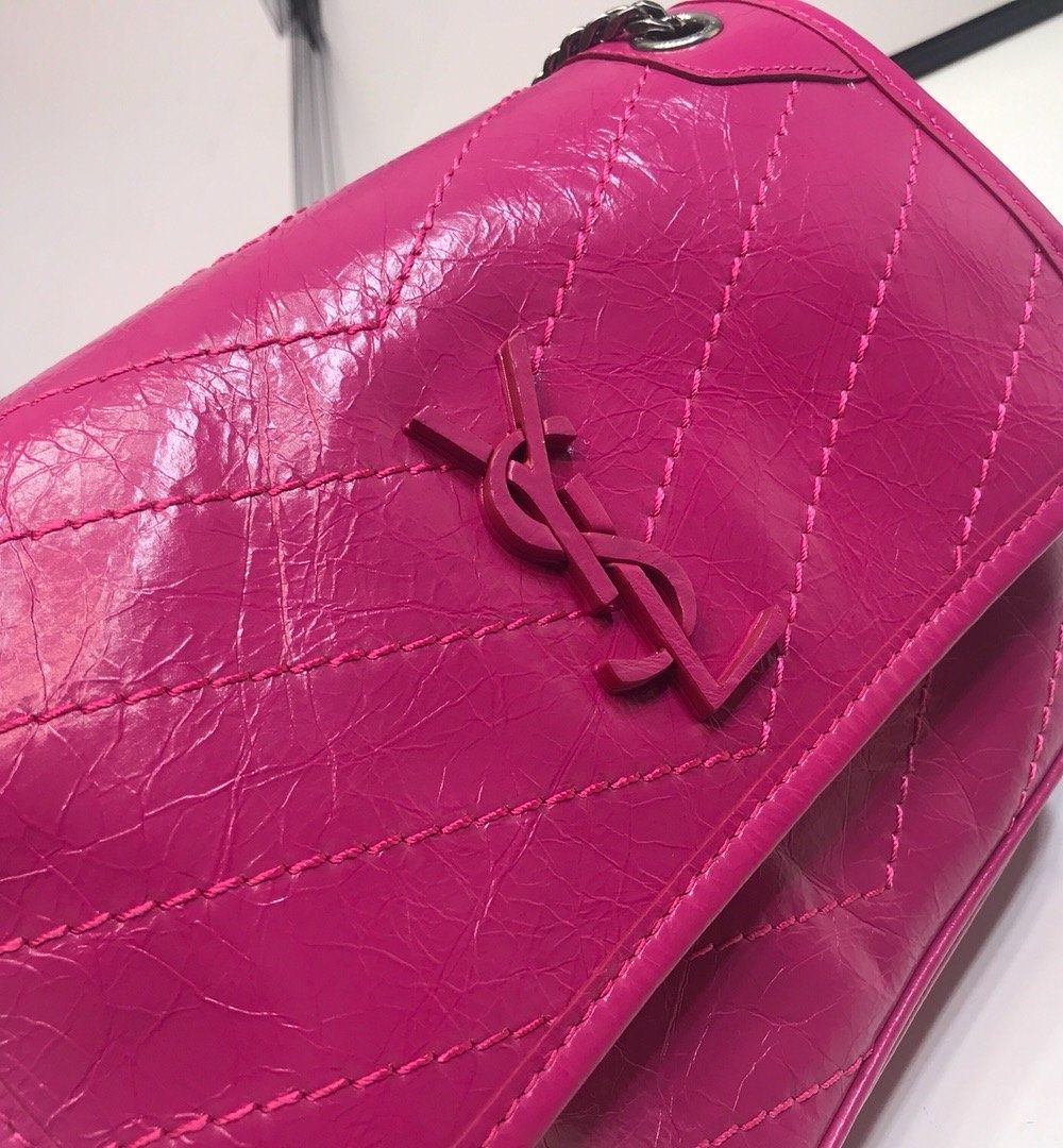 [REP 1:1] Saint Laurent Niki Baby Chain Bag In Crinkled Vintage Dark Pink For Women 8.2in/21cm YSL