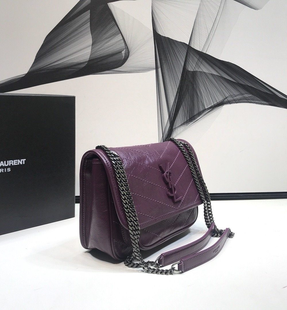 [REP 1:1] Saint Laurent Niki Baby Chain Bag In Crinkled Vintage Dark Violet For Women 8.2in/21cm YSL