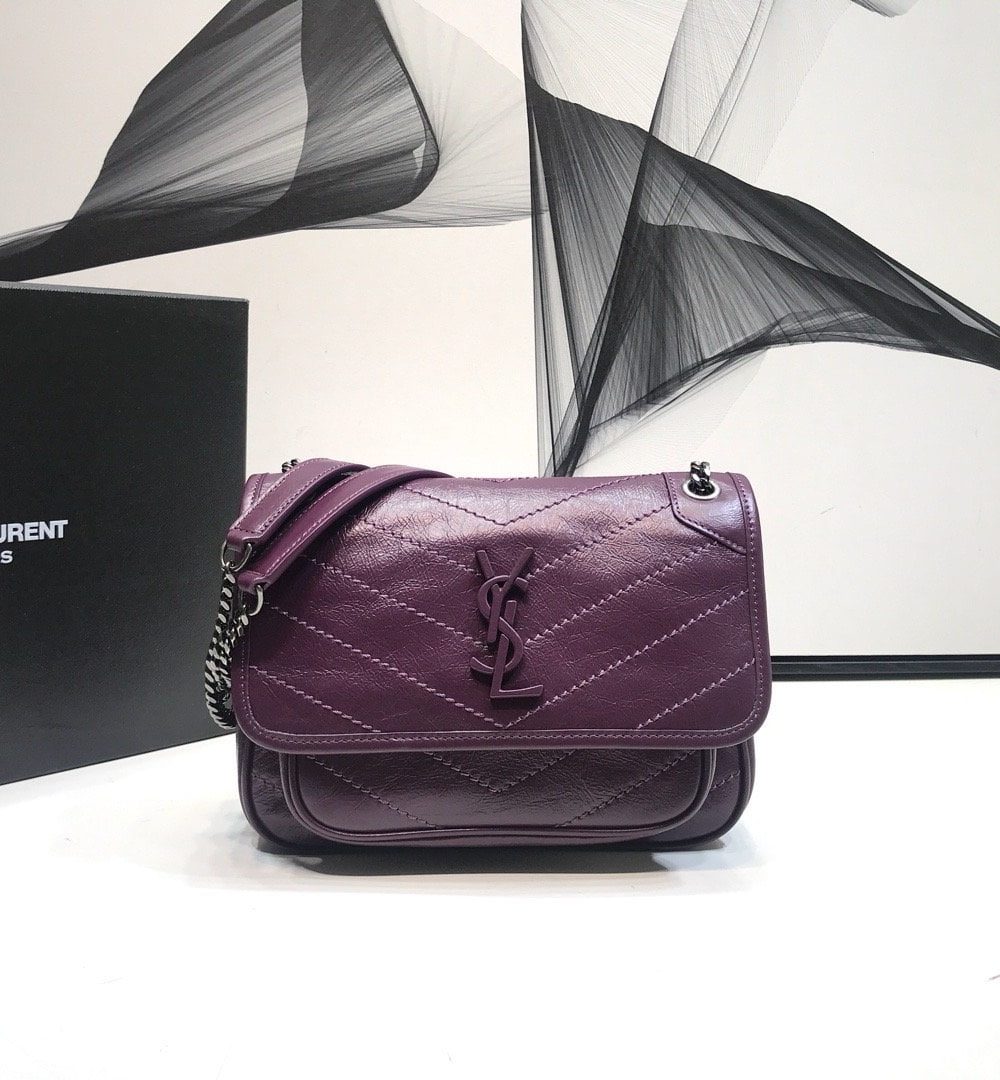 [REP 1:1] Saint Laurent Niki Baby Chain Bag In Crinkled Vintage Dark Violet For Women 8.2in/21cm YSL