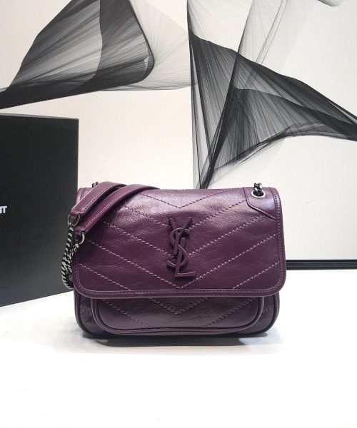 [REP 1:1] Saint Laurent Niki Baby Chain Bag In Crinkled Vintage Dark Violet For Women 8.2in/21cm YSL