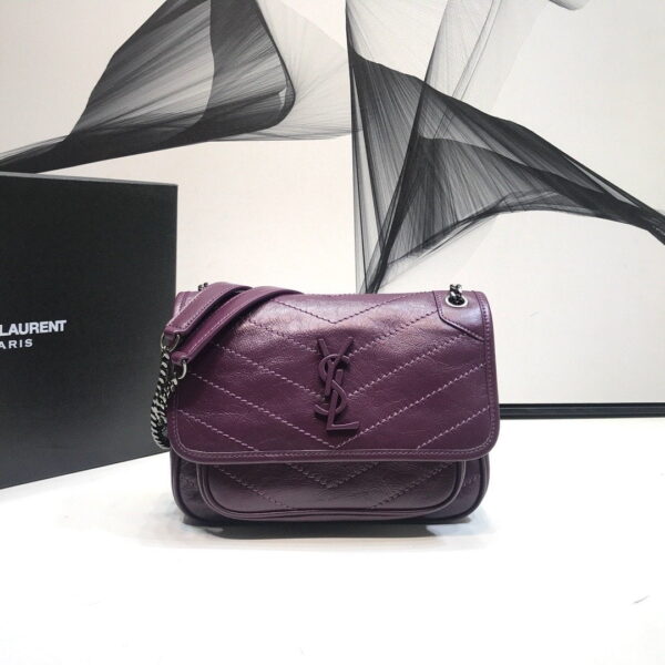 [REP 1:1] Saint Laurent Niki Baby Chain Bag In Crinkled Vintage Dark Violet For Women 8.2in/21cm YSL