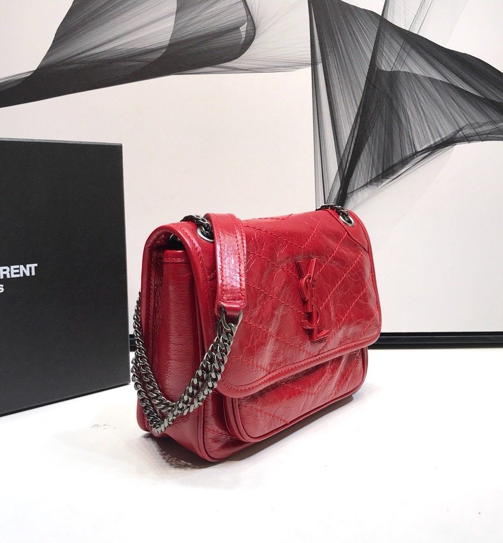 [REP 1:1] Saint Laurent Niki Baby Chain Bag In Crinkled Vintage Red For Women 8.2in/21cm YSL
