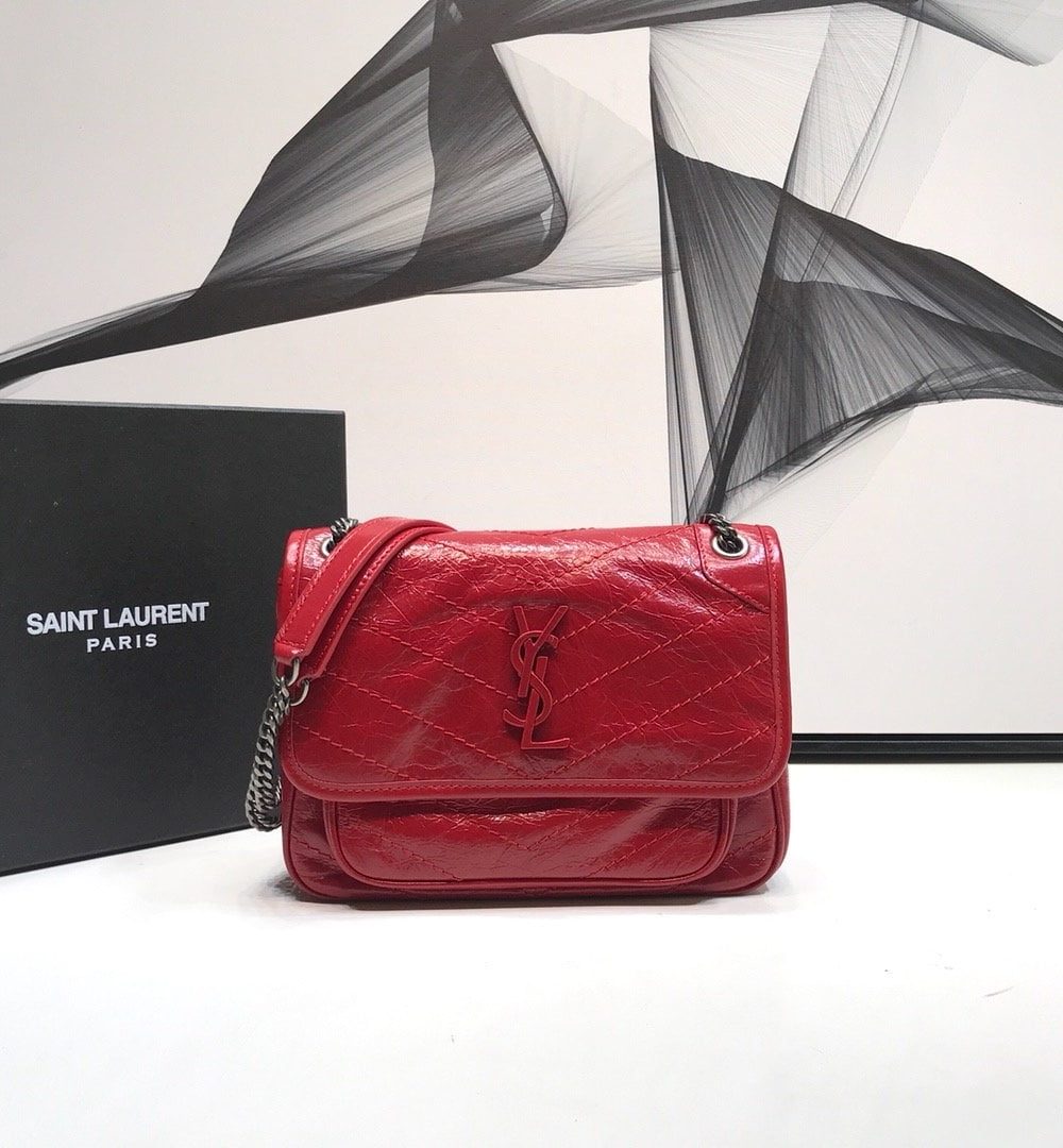[REP 1:1] Saint Laurent Niki Baby Chain Bag In Crinkled Vintage Red For Women 8.2in/21cm YSL