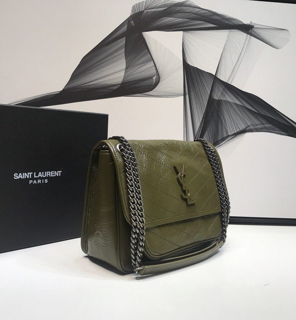 [REP 1:1] Saint Laurent Niki Medium Chain Bag In Crinkled Vintage Green For Women 11in/28cm YSL 6331581YG041229