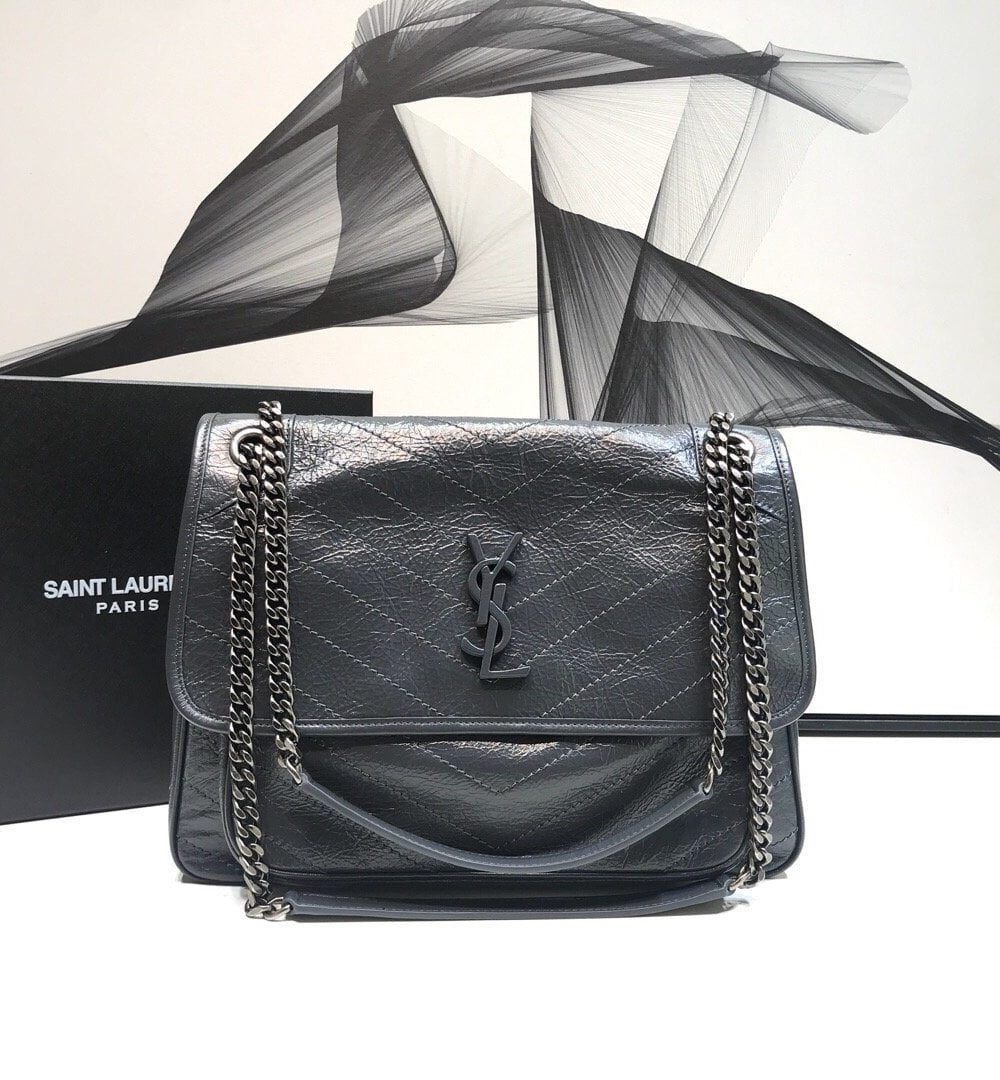 [REP 1:1] Saint Laurent Niki Medium Chain Bag In Crinkled Vintage Grey For Women 11in/28cm YSL 6331580EN041112