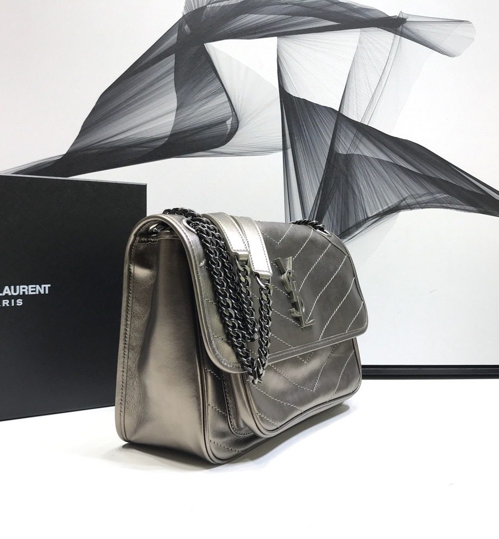 [REP 1:1] Saint Laurent Niki Medium Chain Bag In Crinkled Vintage Silver For Women 11in/28cm YSL