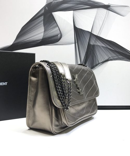 [REP 1:1] Saint Laurent Niki Medium Chain Bag In Crinkled Vintage Silver For Women 11in/28cm YSL