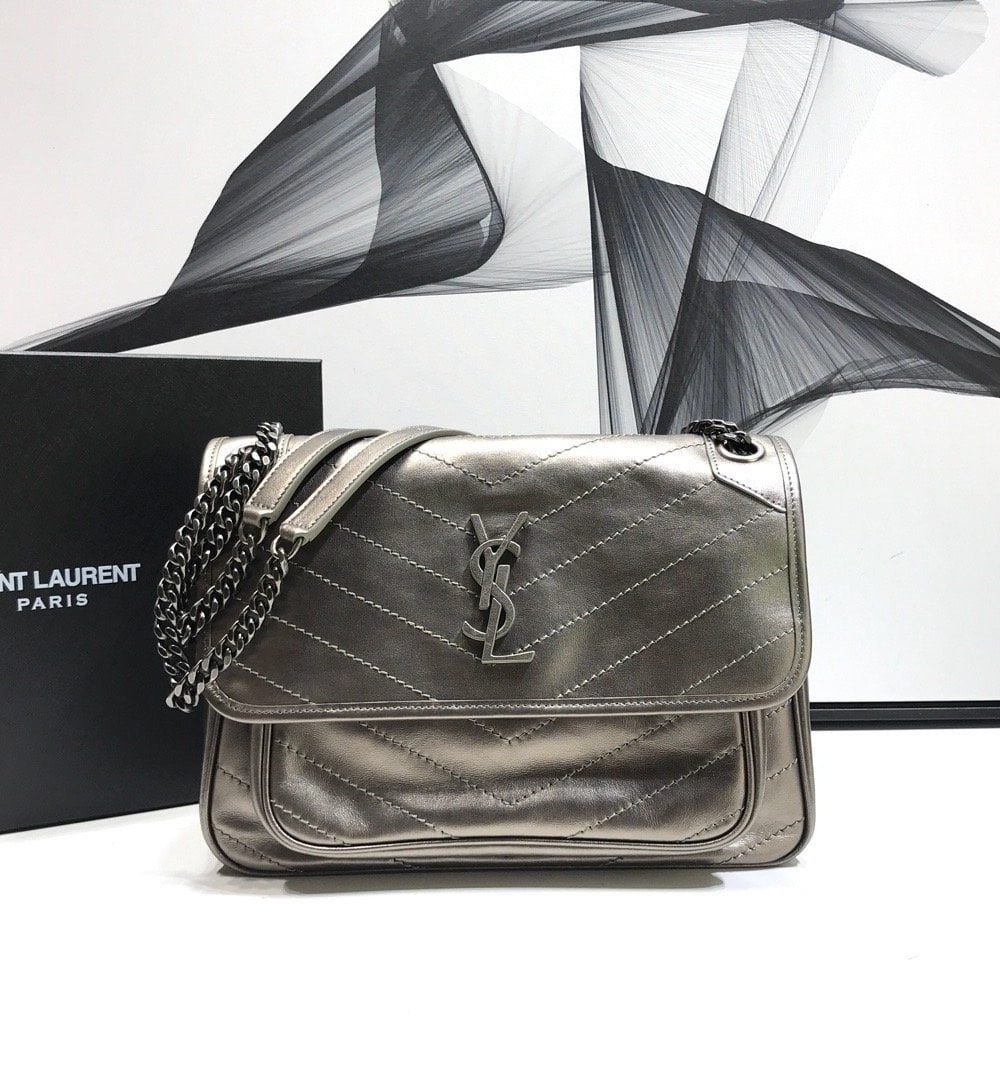 [REP 1:1] Saint Laurent Niki Medium Chain Bag In Crinkled Vintage Silver For Women 11in/28cm YSL
