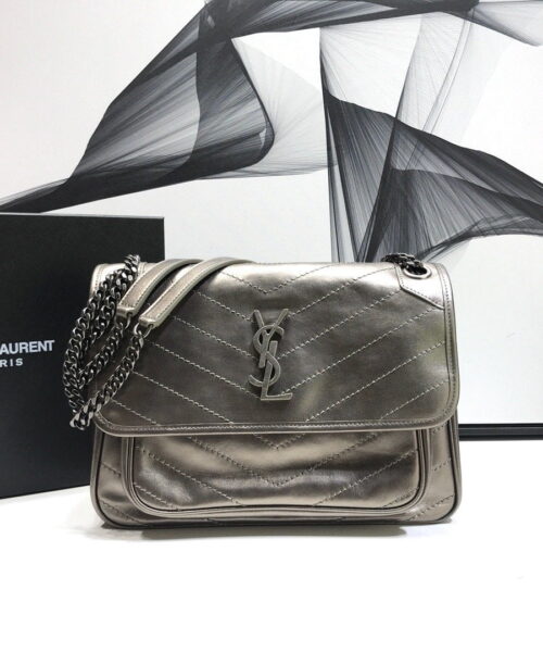[REP 1:1] Saint Laurent Niki Medium Chain Bag In Crinkled Vintage Silver For Women 11in/28cm YSL