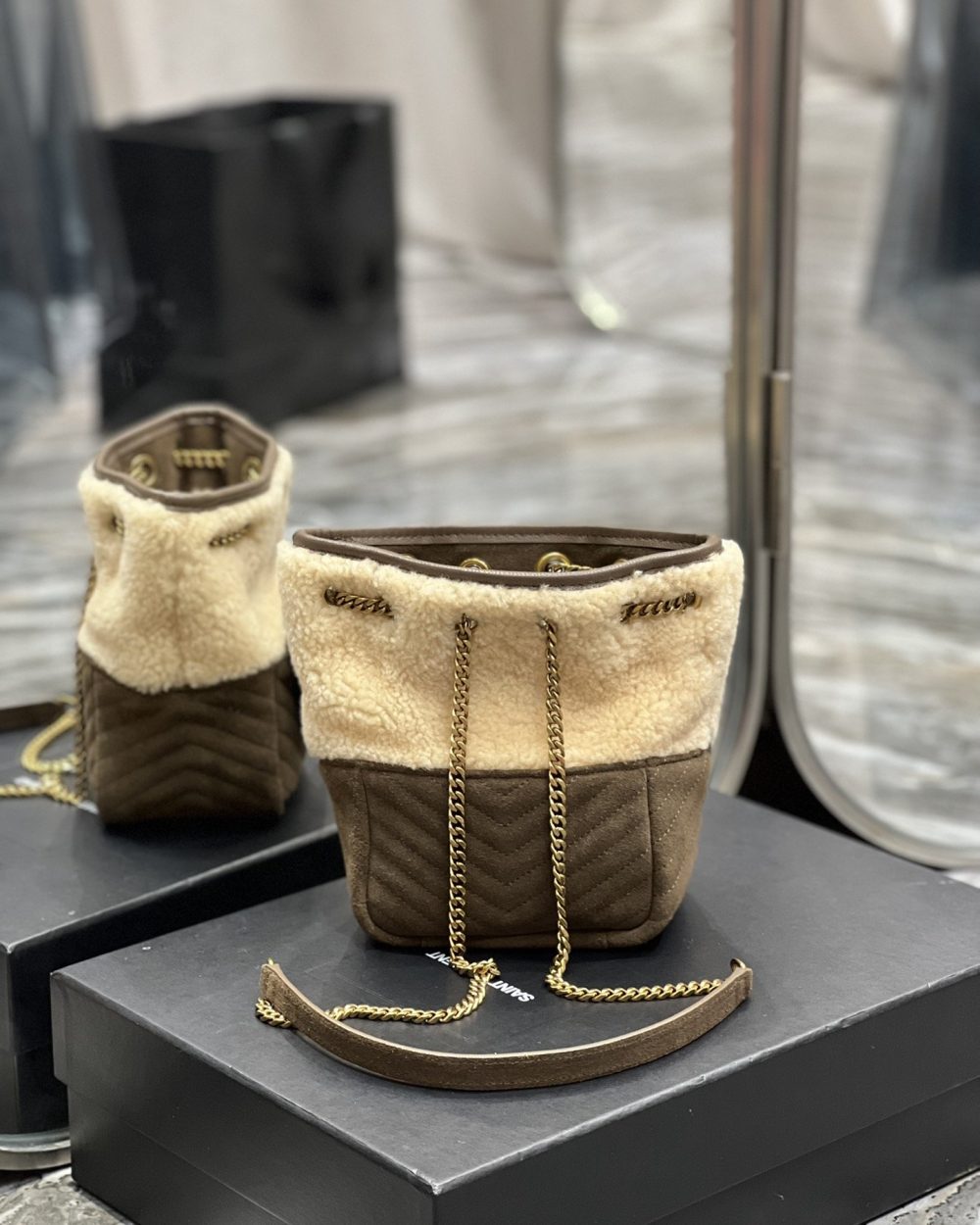 [REP 1:1] Saint Laurent Oe Mini Bucket Chevrons Brown For Women, Women's Bags 7.5in/19cm YSL‎ 70163129XA79587