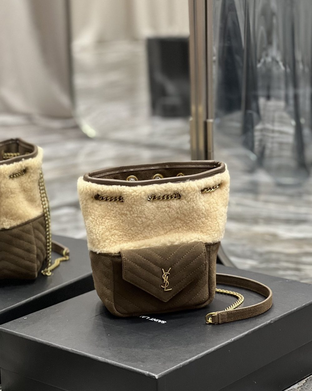 [REP 1:1] Saint Laurent Oe Mini Bucket Chevrons Brown For Women, Women's Bags 7.5in/19cm YSL‎ 70163129XA79587