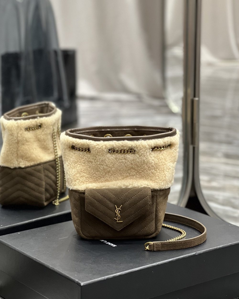 [REP 1:1] Saint Laurent Oe Mini Bucket Chevrons Brown For Women, Women's Bags 7.5in/19cm YSL‎ 70163129XA79587