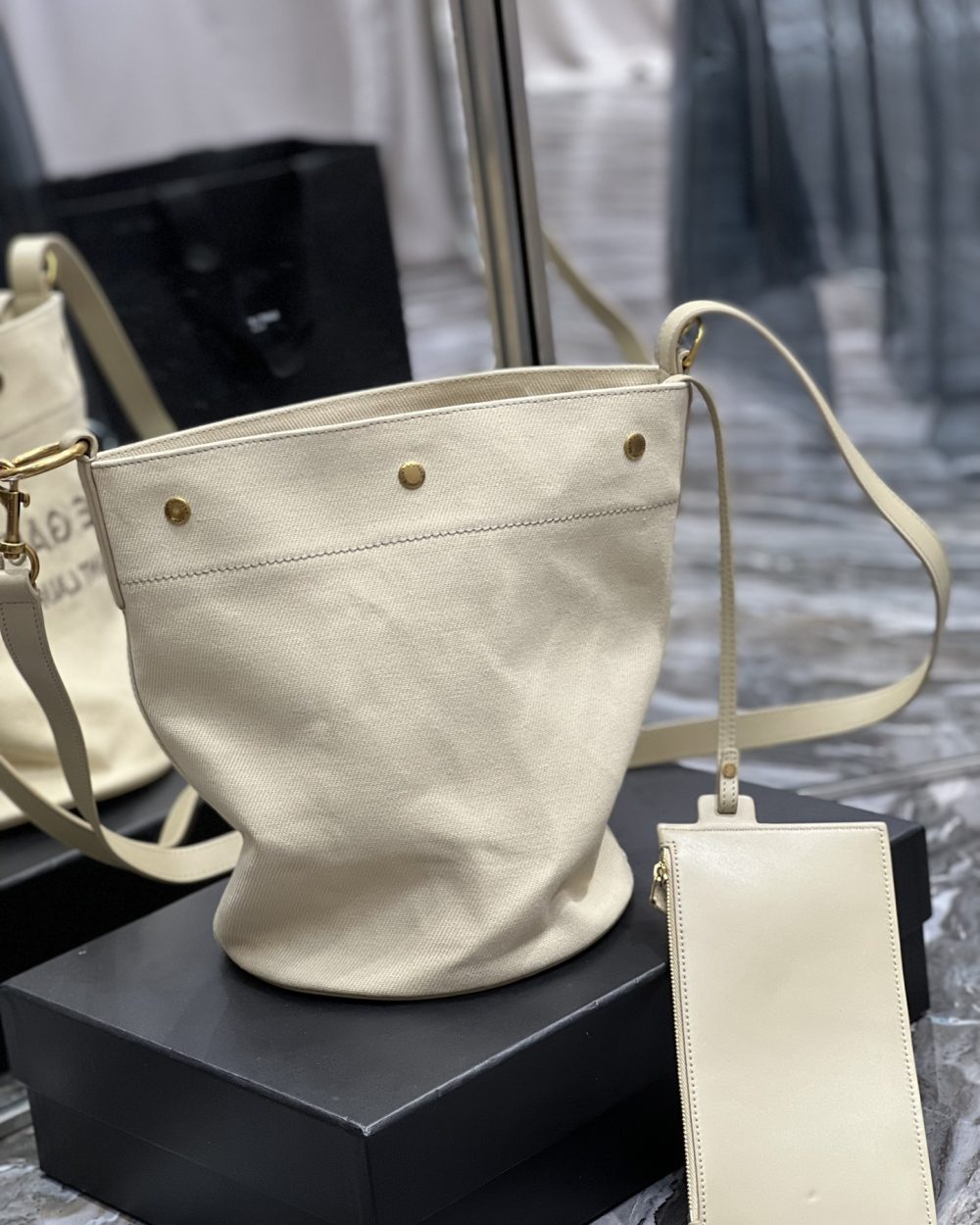 [REP 1:1] Saint Laurent Rive Gauche Bucket Bag Beige For Women, Women's Bags 12.2in/31cm YSL