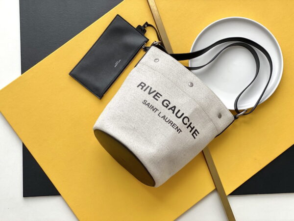[REP 1:1] Saint Laurent Rive Gauche Bucket Bag In Linen With Black Strap For Women 11.4in/30cm YSL 669299FAAAZ9024