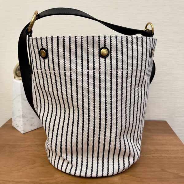 [REP 1:1] Saint Laurent Rive Gauche Bucket Bag In Striped Canvas For Women 11.8in/30cm Black And White YSL 669299FAAE59583