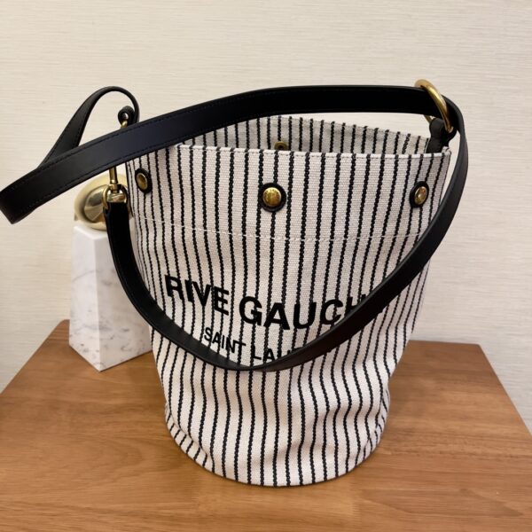 [REP 1:1] Saint Laurent Rive Gauche Bucket Bag In Striped Canvas For Women 11.8in/30cm Black And White YSL 669299FAAE59583
