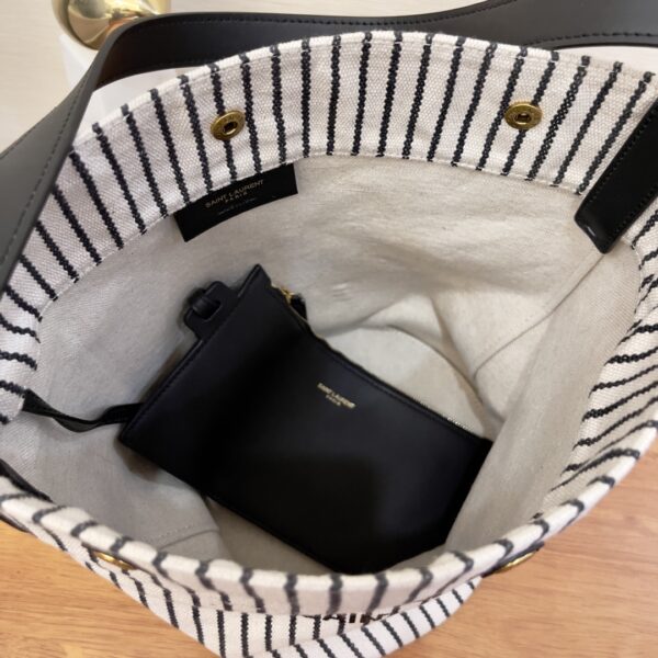 [REP 1:1] Saint Laurent Rive Gauche Bucket Bag In Striped Canvas For Women 11.8in/30cm Black And White YSL 669299FAAE59583