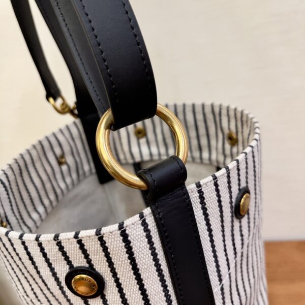 [REP 1:1] Saint Laurent Rive Gauche Bucket Bag In Striped Canvas For Women 11.8in/30cm Black And White YSL 669299FAAE59583