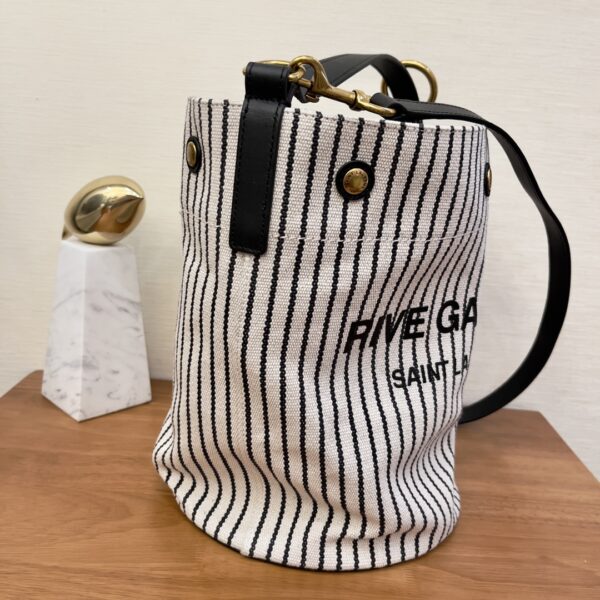 [REP 1:1] Saint Laurent Rive Gauche Bucket Bag In Striped Canvas For Women 11.8in/30cm Black And White YSL 669299FAAE59583
