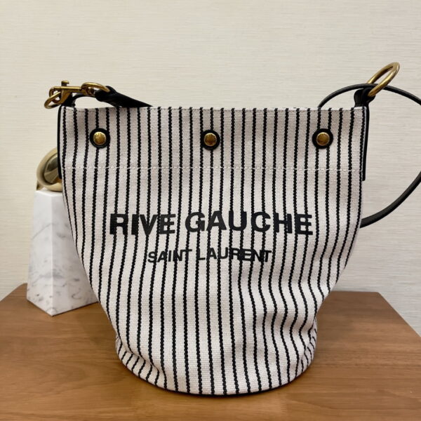 [REP 1:1] Saint Laurent Rive Gauche Bucket Bag In Striped Canvas For Women 11.8in/30cm Black And White YSL 669299FAAE59583