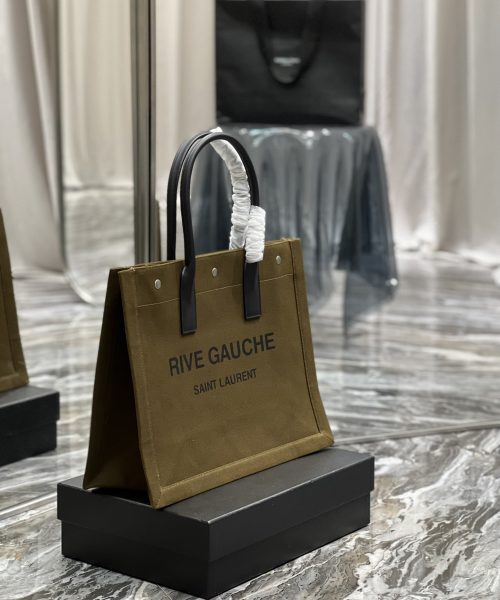 [REP 1:1] Saint Laurent Rive Gauche Small Tote Bag In Linen Khaki Brown For Women 15.4in/39cm YSL
