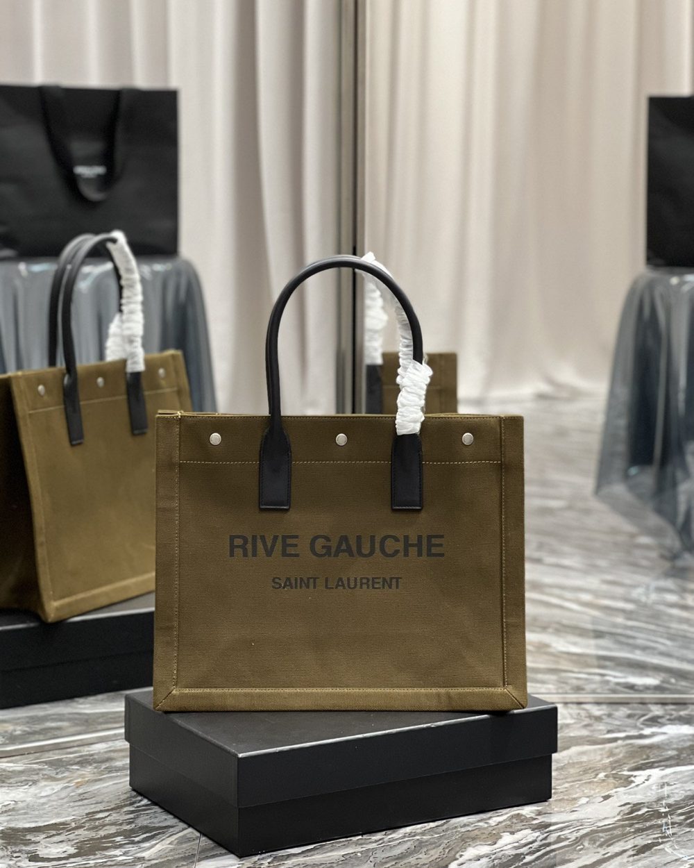[REP 1:1] Saint Laurent Rive Gauche Small Tote Bag In Linen Khaki Brown For Women 15.4in/39cm YSL