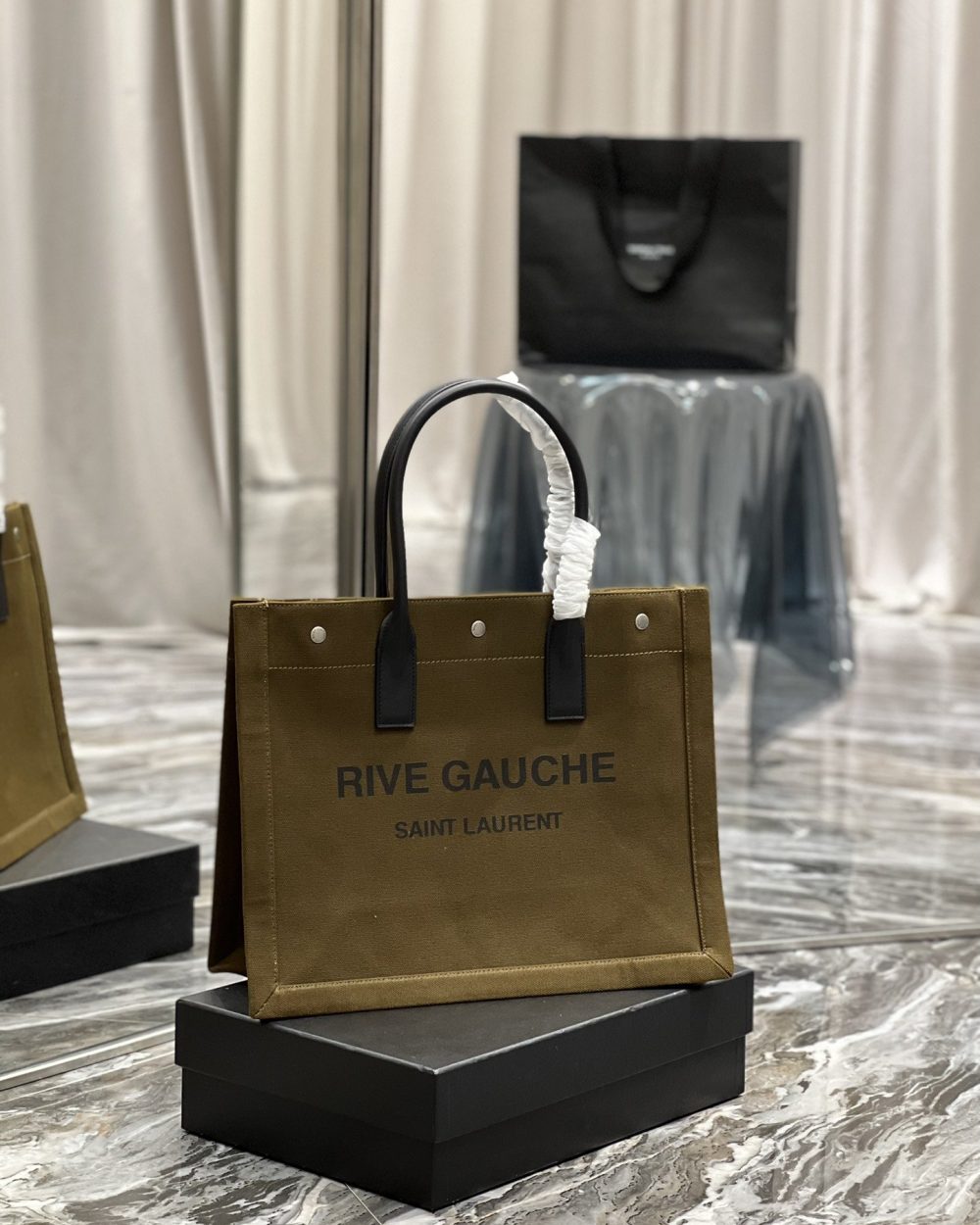 [REP 1:1] Saint Laurent Rive Gauche Small Tote Bag In Linen Khaki Brown For Women 15.4in/39cm YSL