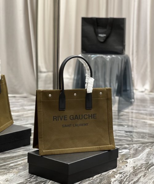 [REP 1:1] Saint Laurent Rive Gauche Small Tote Bag In Linen Khaki Brown For Women 15.4in/39cm YSL