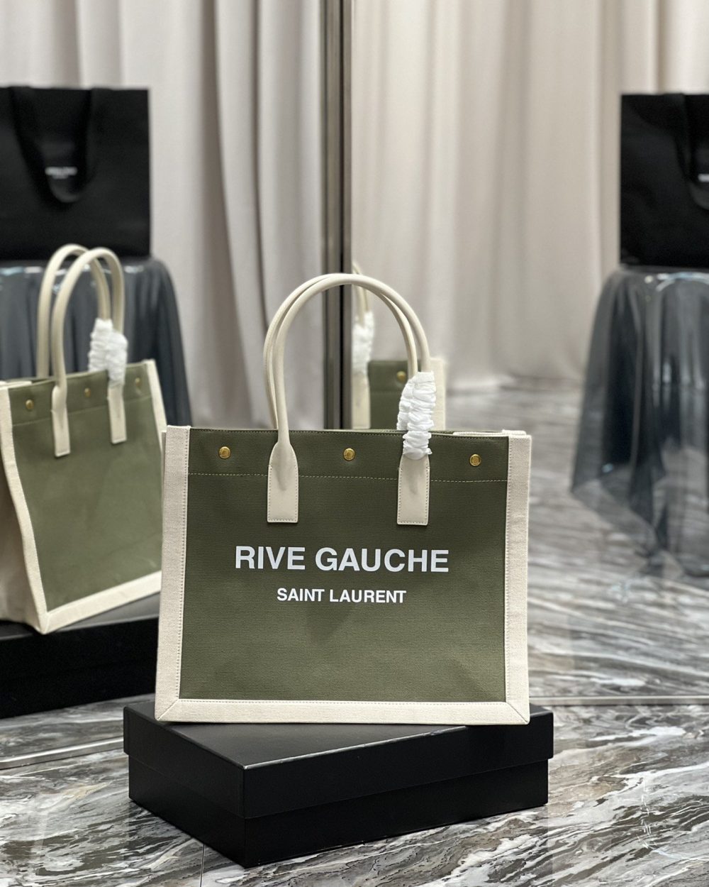 [REP 1:1] Saint Laurent Rive Gauche Small Tote Bag In Linen Military Green For Women 15.4in/39cm YSL 617481FAADI3281