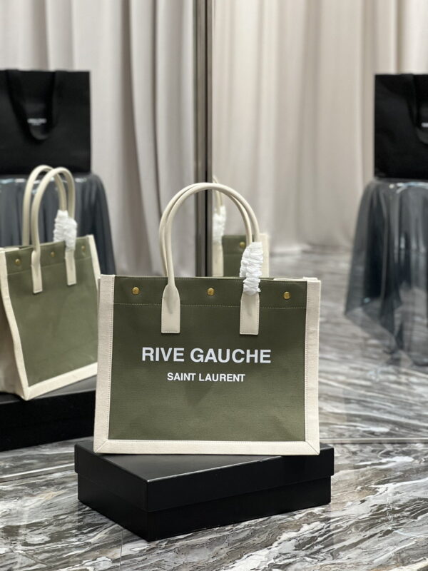 [REP 1:1] Saint Laurent Rive Gauche Small Tote Bag In Linen Military Green For Women 15.4in/39cm YSL 617481FAADI3281