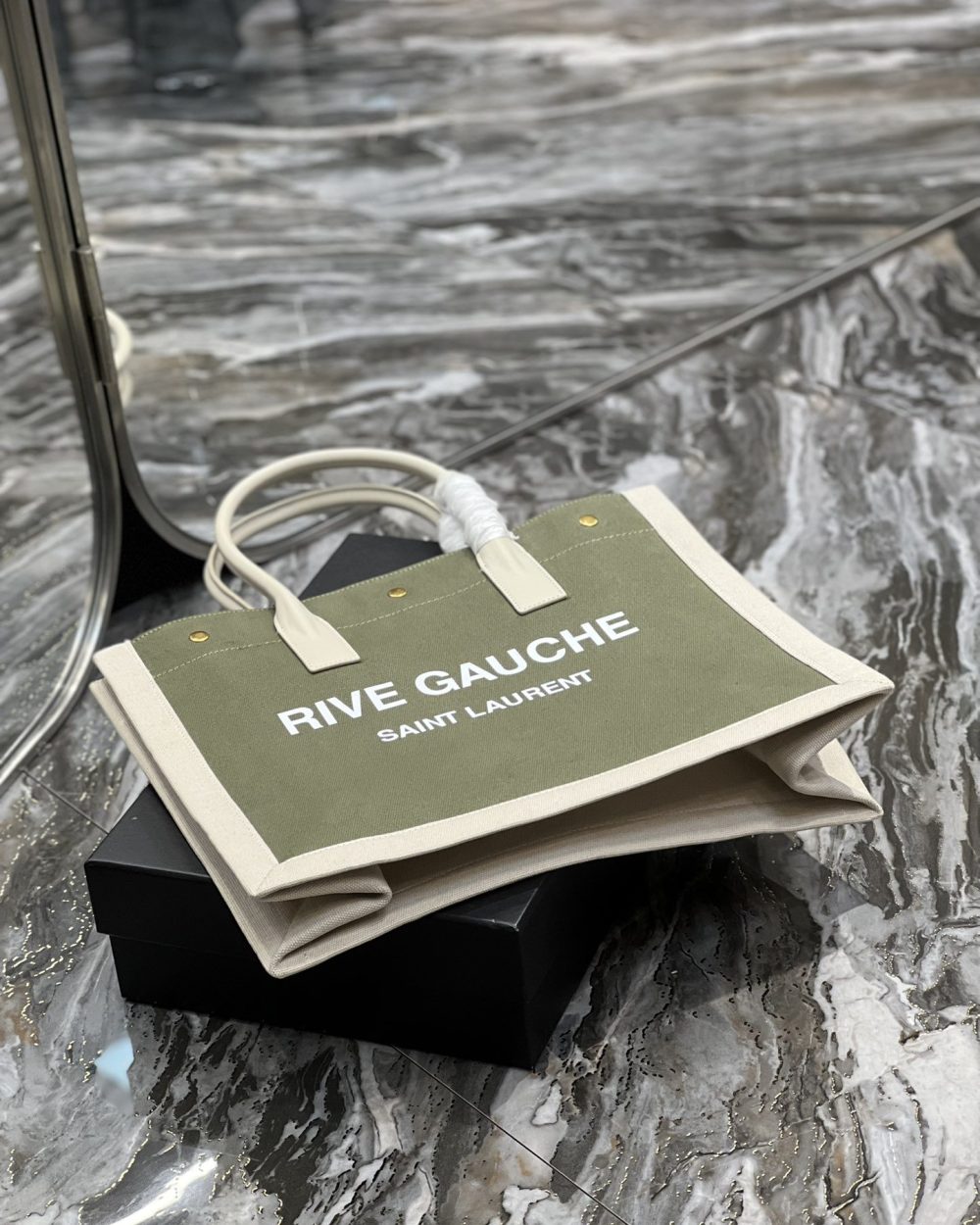 [REP 1:1] Saint Laurent Rive Gauche Small Tote Bag In Linen Military Green For Women 15.4in/39cm YSL 617481FAADI3281