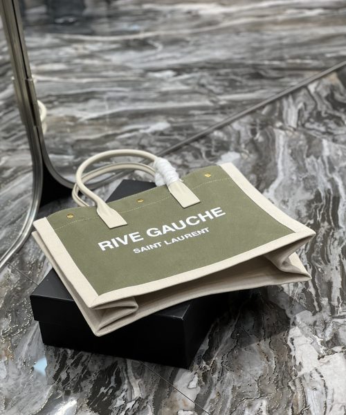 [REP 1:1] Saint Laurent Rive Gauche Small Tote Bag In Linen Military Green For Women 15.4in/39cm YSL 617481FAADI3281