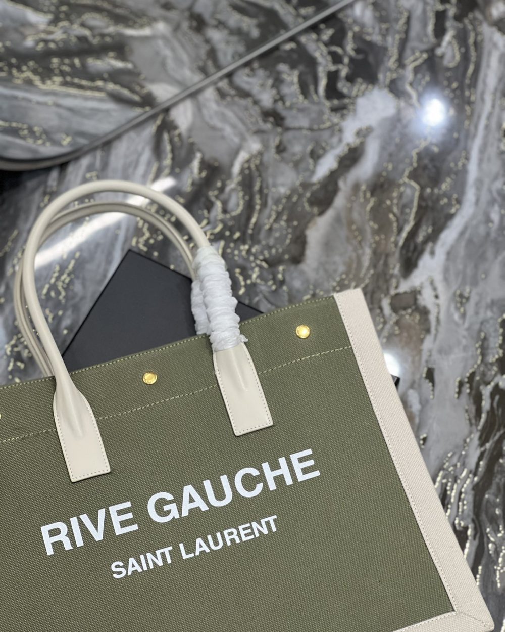 [REP 1:1] Saint Laurent Rive Gauche Small Tote Bag In Linen Military Green For Women 15.4in/39cm YSL 617481FAADI3281