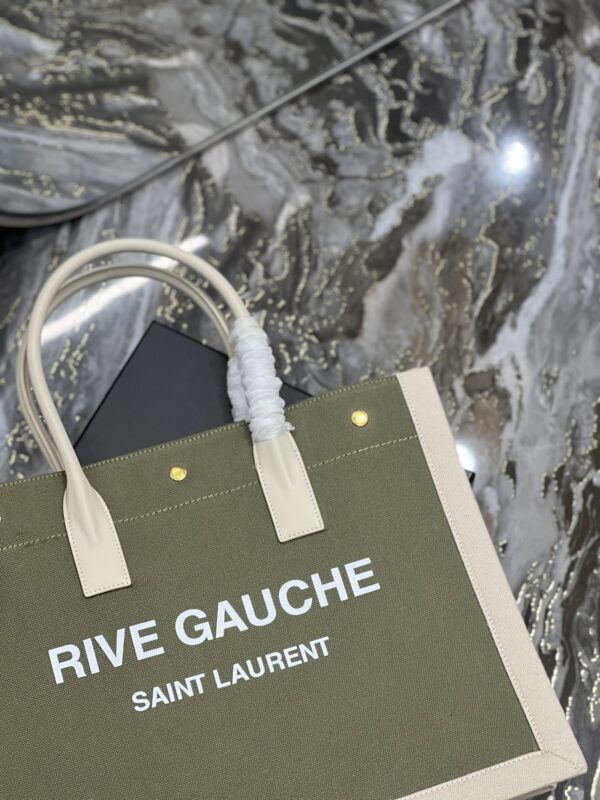 [REP 1:1] Saint Laurent Rive Gauche Small Tote Bag In Linen Military Green For Women 15.4in/39cm YSL 617481FAADI3281