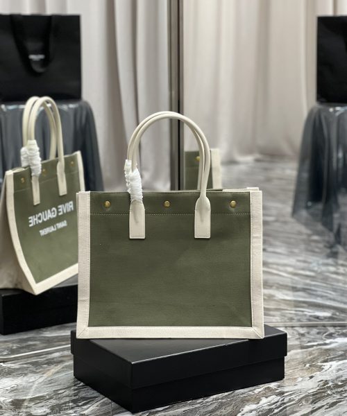 [REP 1:1] Saint Laurent Rive Gauche Small Tote Bag In Linen Military Green For Women 15.4in/39cm YSL 617481FAADI3281