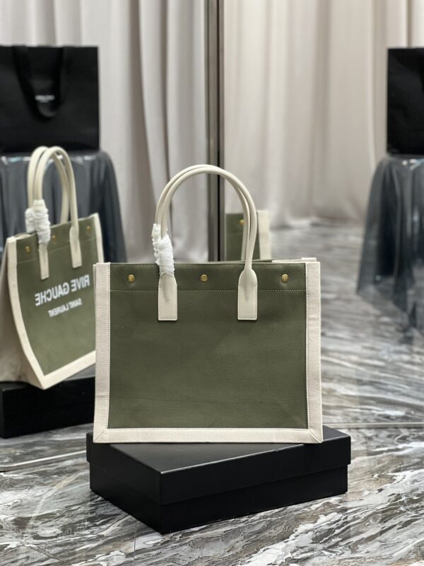 [REP 1:1] Saint Laurent Rive Gauche Small Tote Bag In Linen Military Green For Women 15.4in/39cm YSL 617481FAADI3281