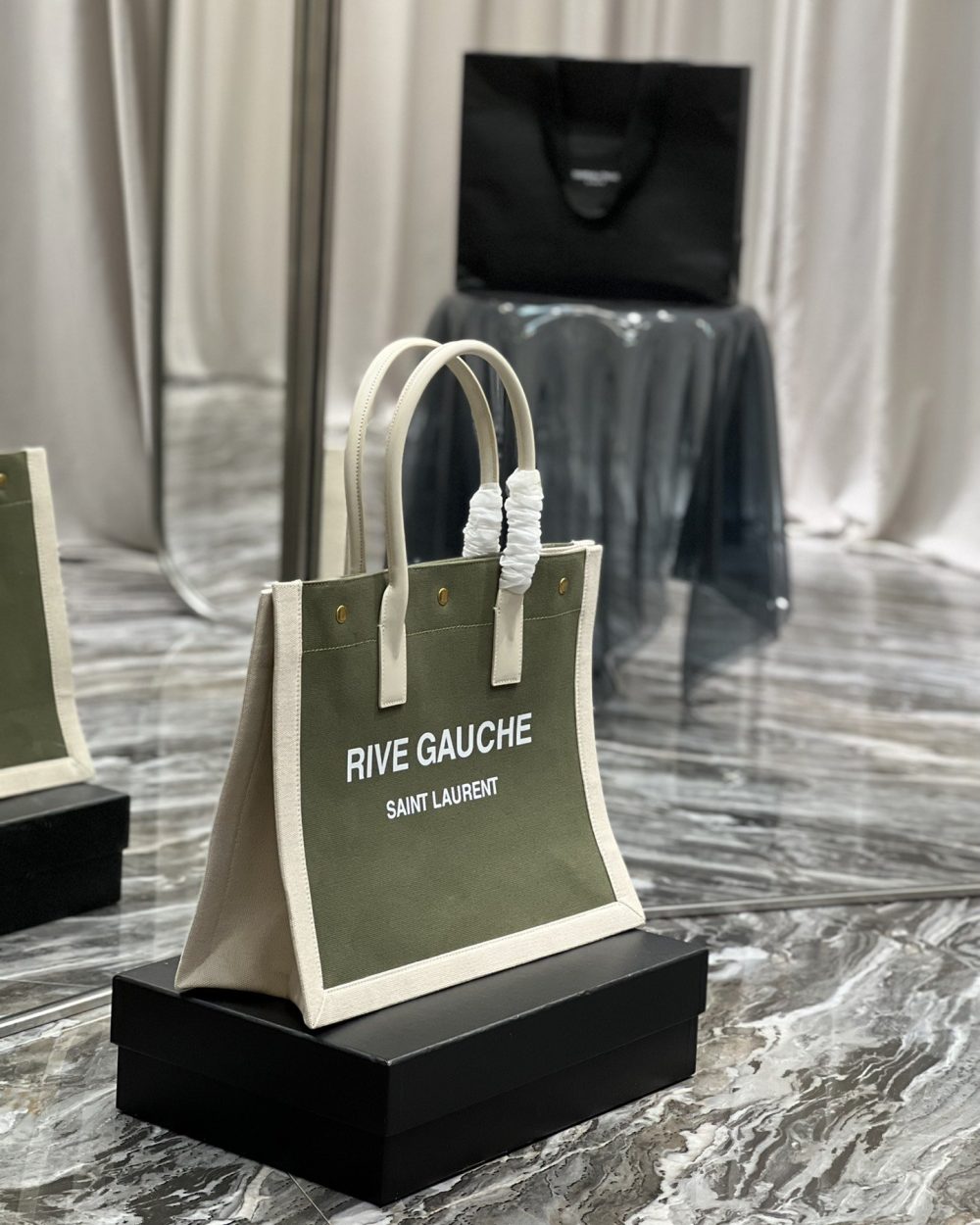 [REP 1:1] Saint Laurent Rive Gauche Small Tote Bag In Linen Military Green For Women 15.4in/39cm YSL 617481FAADI3281