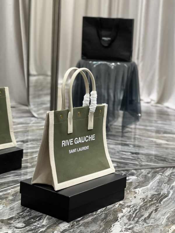 [REP 1:1] Saint Laurent Rive Gauche Small Tote Bag In Linen Military Green For Women 15.4in/39cm YSL 617481FAADI3281