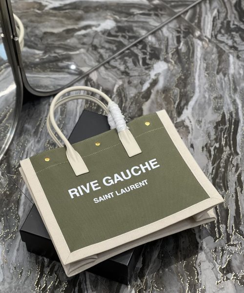 [REP 1:1] Saint Laurent Rive Gauche Small Tote Bag In Linen Military Green For Women 15.4in/39cm YSL 617481FAADI3281