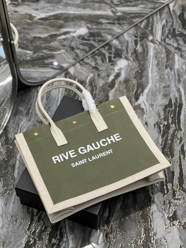 [REP 1:1] Saint Laurent Rive Gauche Small Tote Bag In Linen Military Green For Women 15.4in/39cm YSL 617481FAADI3281