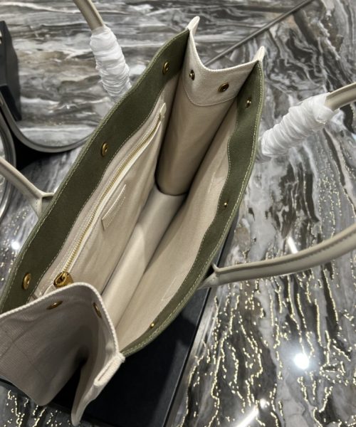[REP 1:1] Saint Laurent Rive Gauche Small Tote Bag In Linen Military Green For Women 15.4in/39cm YSL 617481FAADI3281