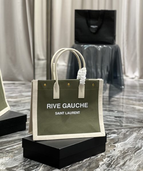 [REP 1:1] Saint Laurent Rive Gauche Small Tote Bag In Linen Military Green For Women 15.4in/39cm YSL 617481FAADI3281