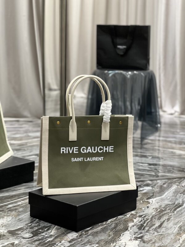 [REP 1:1] Saint Laurent Rive Gauche Small Tote Bag In Linen Military Green For Women 15.4in/39cm YSL 617481FAADI3281